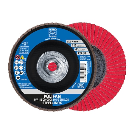 Pferd 4-1/2" x 5/8-11 Thd. POLIFAN Flap Disc - CO-COOL SG STEELOX, Ceramic oxide, 60 Grit, Flat 62623
